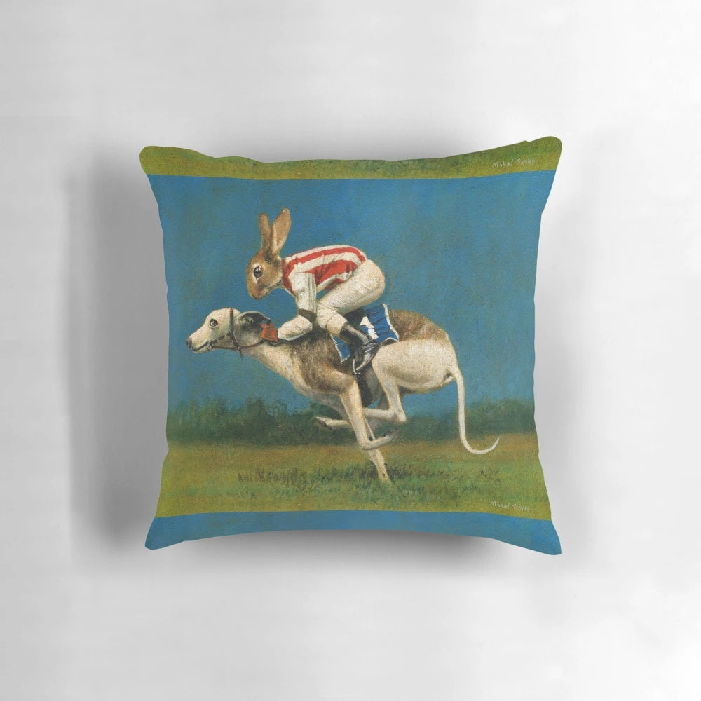 Whimsical pillow featuring a dressed-up whippet sight hound dog