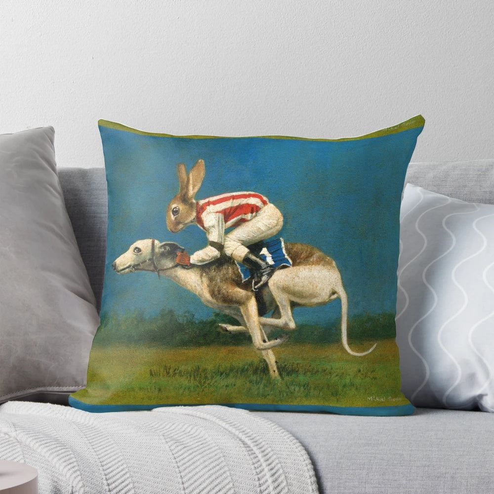Whimsical pillow featuring a dressed-up whippet sight hound dog