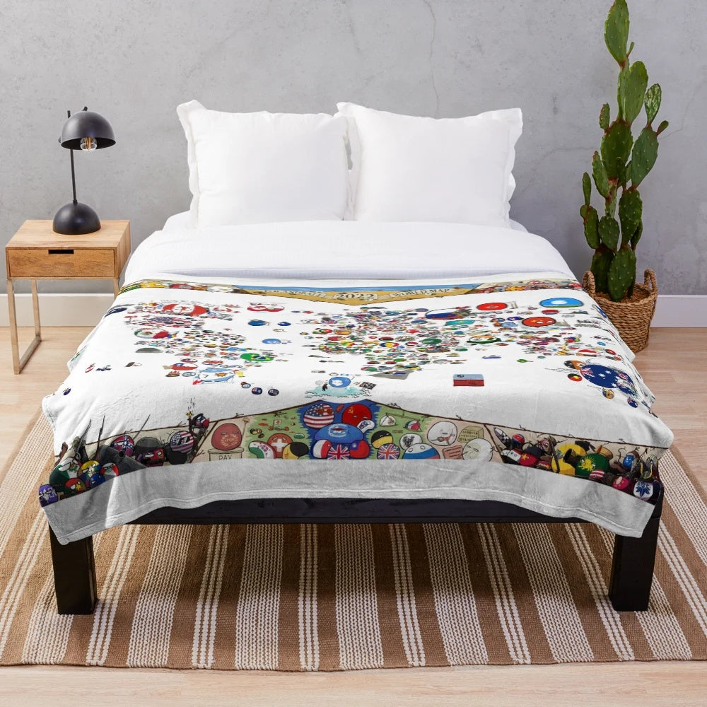 Plush blanket featuring a colorful world map with country ball illustrations