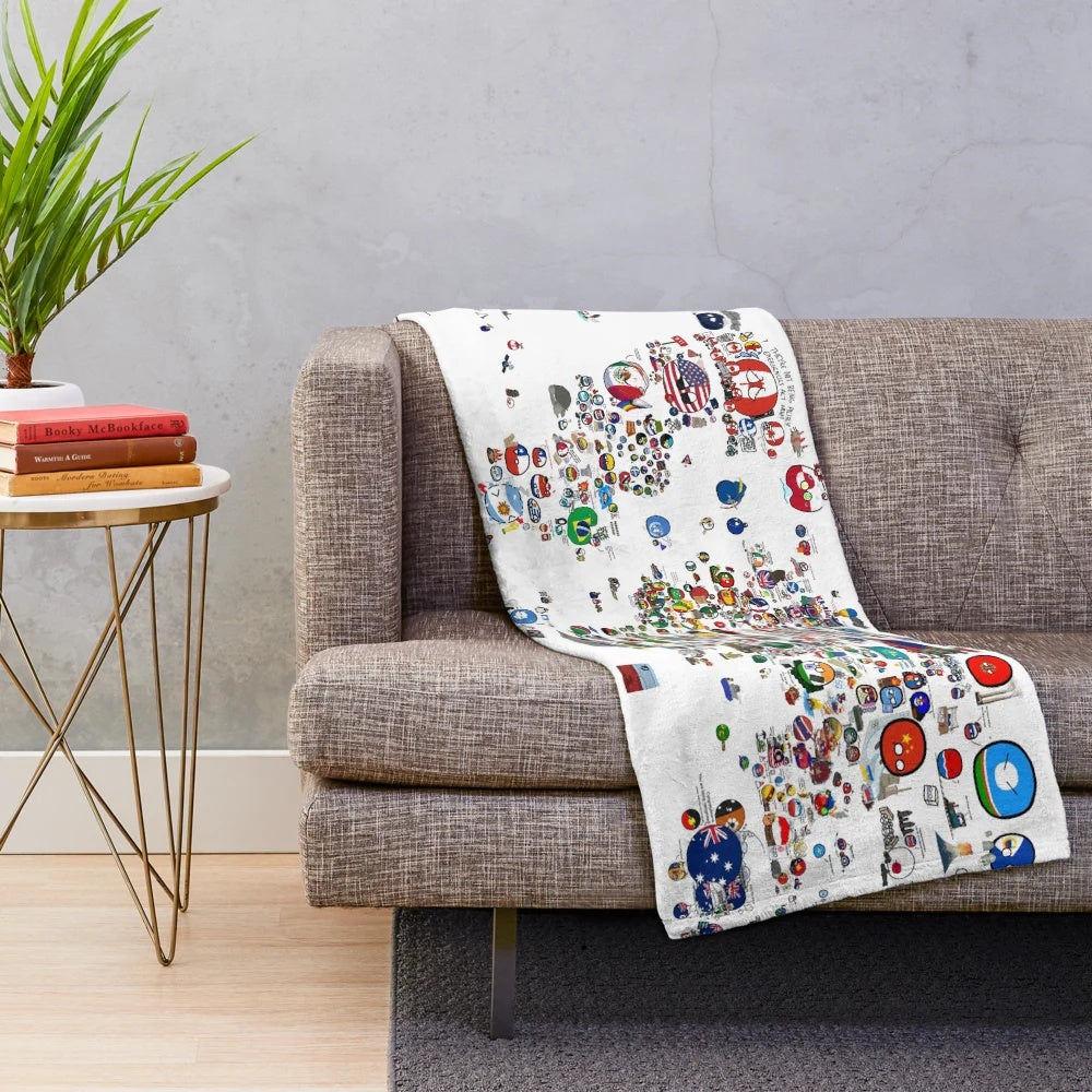 Plush blanket featuring a colorful world map with country ball illustrations