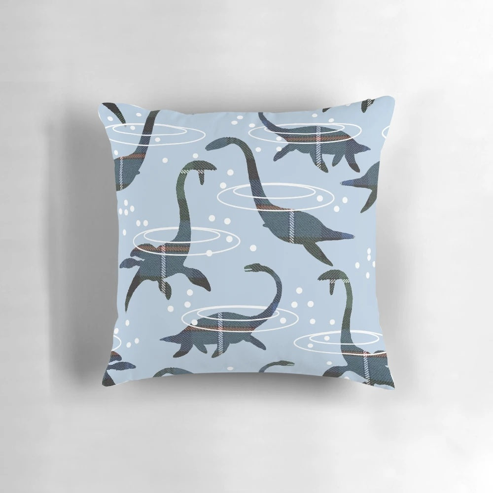 Cuddly Nessie pillow featuring a plesiosaur-inspired design, perfect for children's bedrooms and playtime.