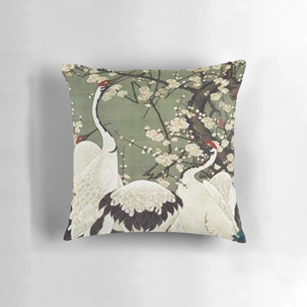 Plum blossom and crane illustrated pillow in a Japanese art style