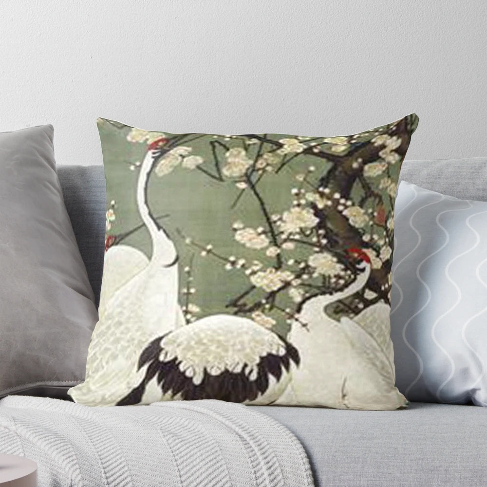 Plum blossom and crane illustrated pillow in a Japanese art style