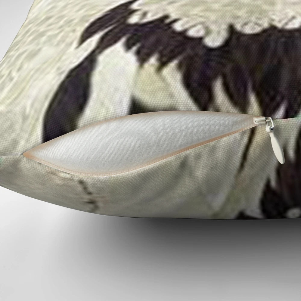 Plum blossom and crane illustrated pillow in a Japanese art style