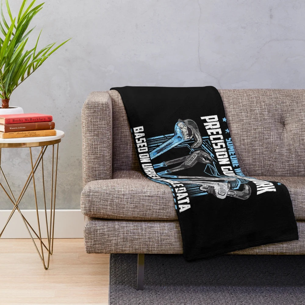 Plumbing plush blanket with sarcastic "precision guesswork" design