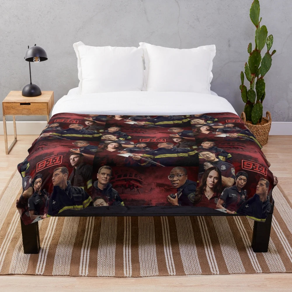 911 inspired red plush blanket with firefighter design