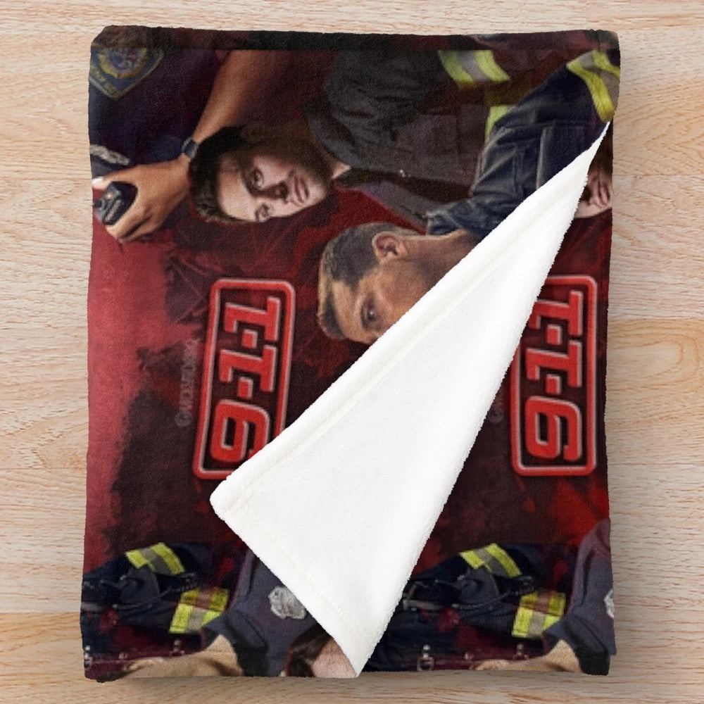 911 inspired red plush blanket with firefighter design
