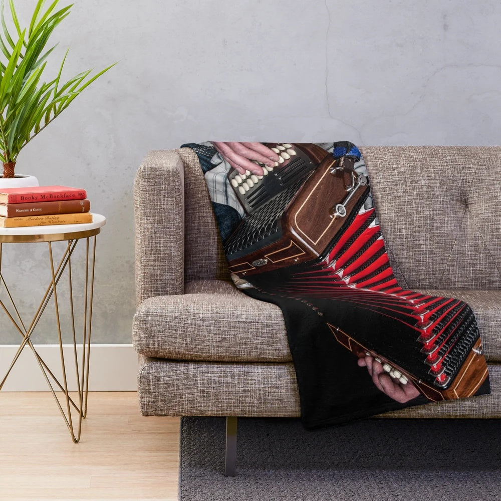 Accordion player plush blanket with red bellows