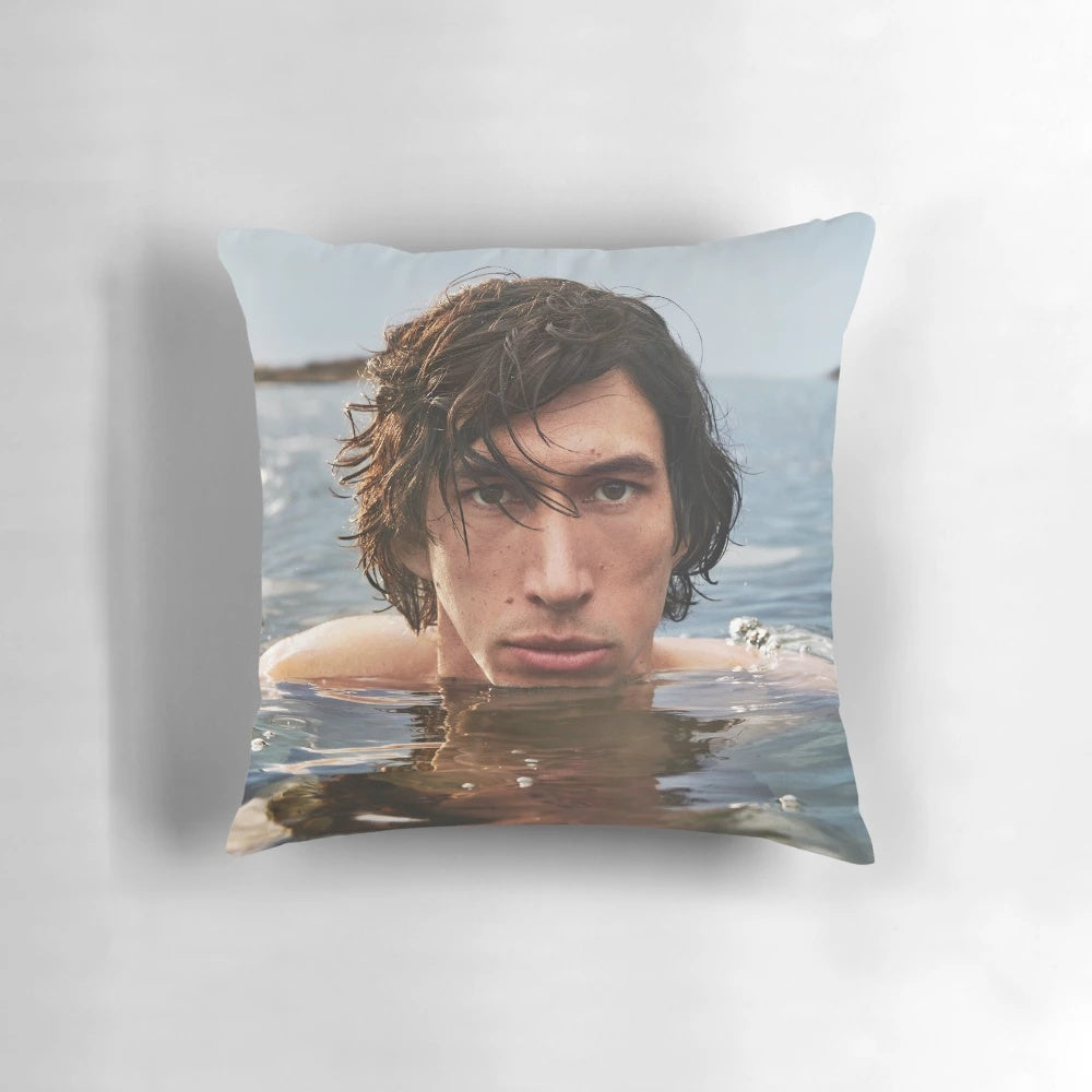 Soft and plush decorative pillow featuring a photo of actor Adam Driver in water, perfect for fans and meme enthusiasts.