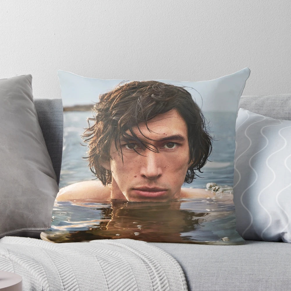 Soft and plush decorative pillow featuring a photo of actor Adam Driver in water, perfect for fans and meme enthusiasts.