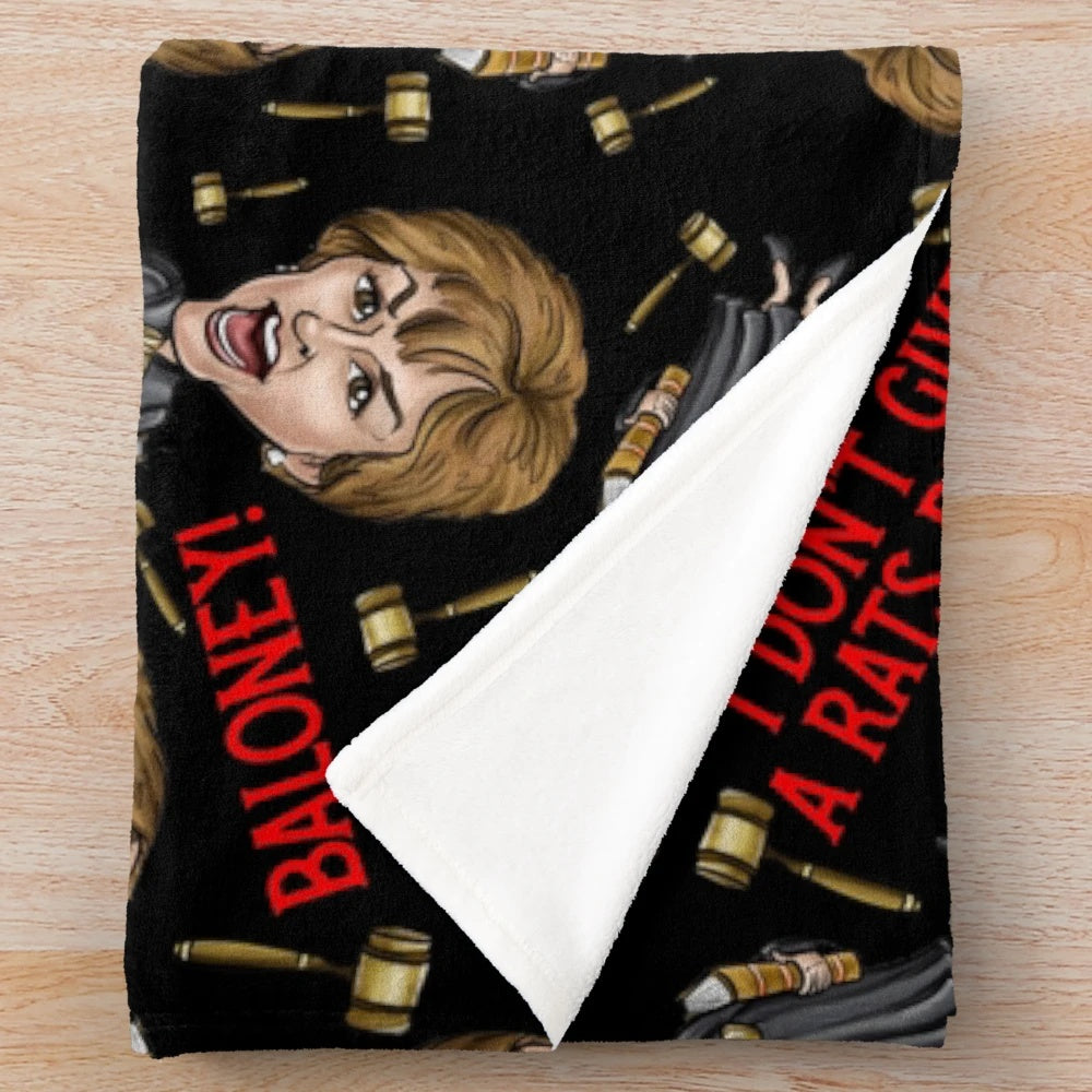 Black plush blanket featuring a Judge Judy print design