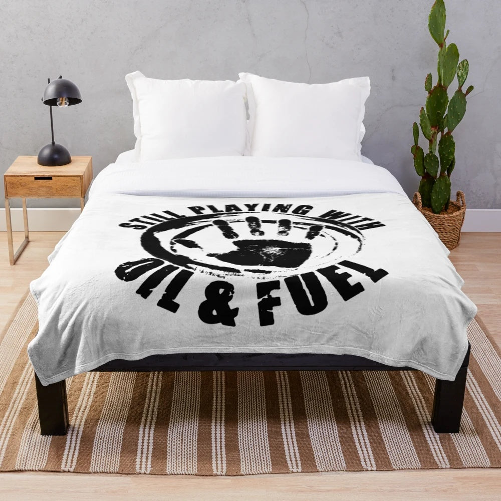 Plush occupations-themed blanket with oil and fuel worker design