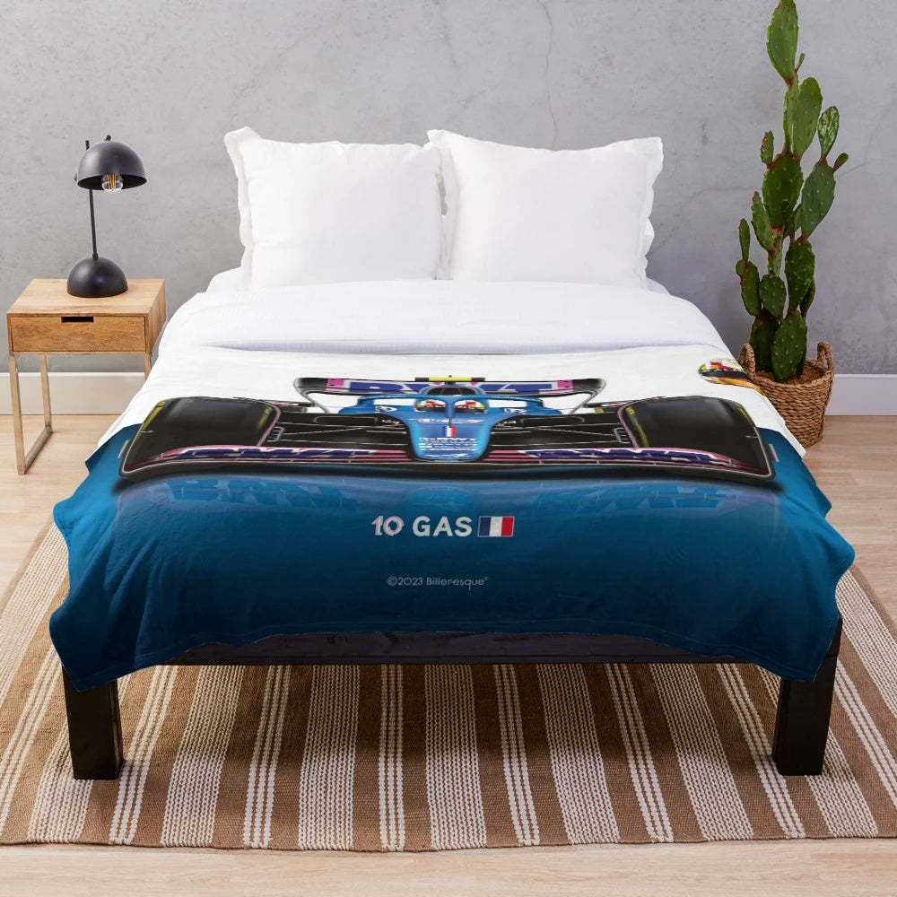Plush blanket with 2023 Alpine Formula 1 racing car and driver Pierre Gasly