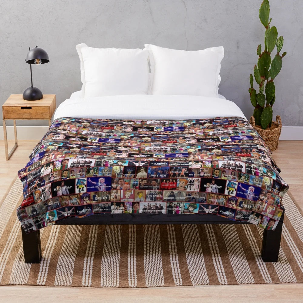 Plush blanket with images of actor Andrew Rannells in various theatrical roles