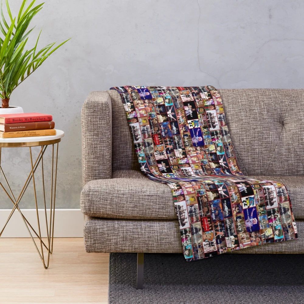 Plush blanket with images of actor Andrew Rannells in various theatrical roles