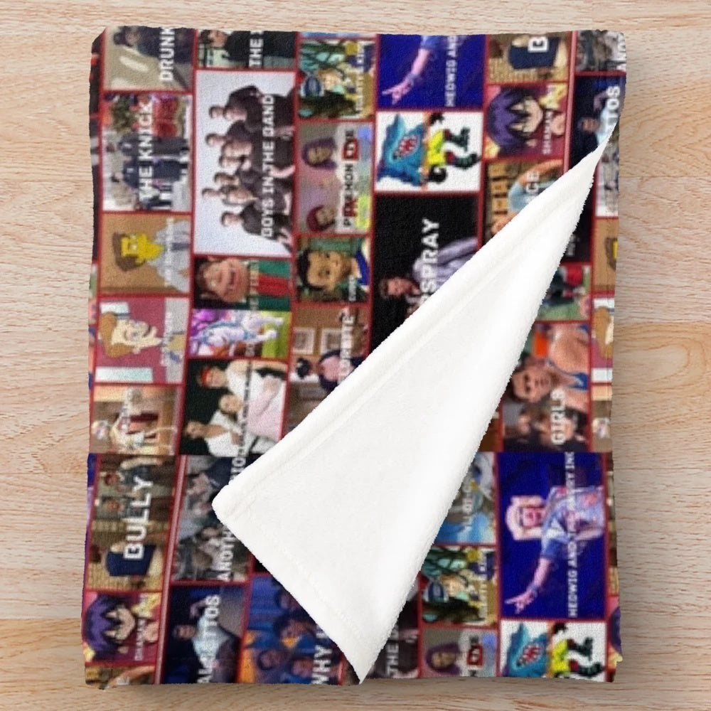 Plush blanket with images of actor Andrew Rannells in various theatrical roles
