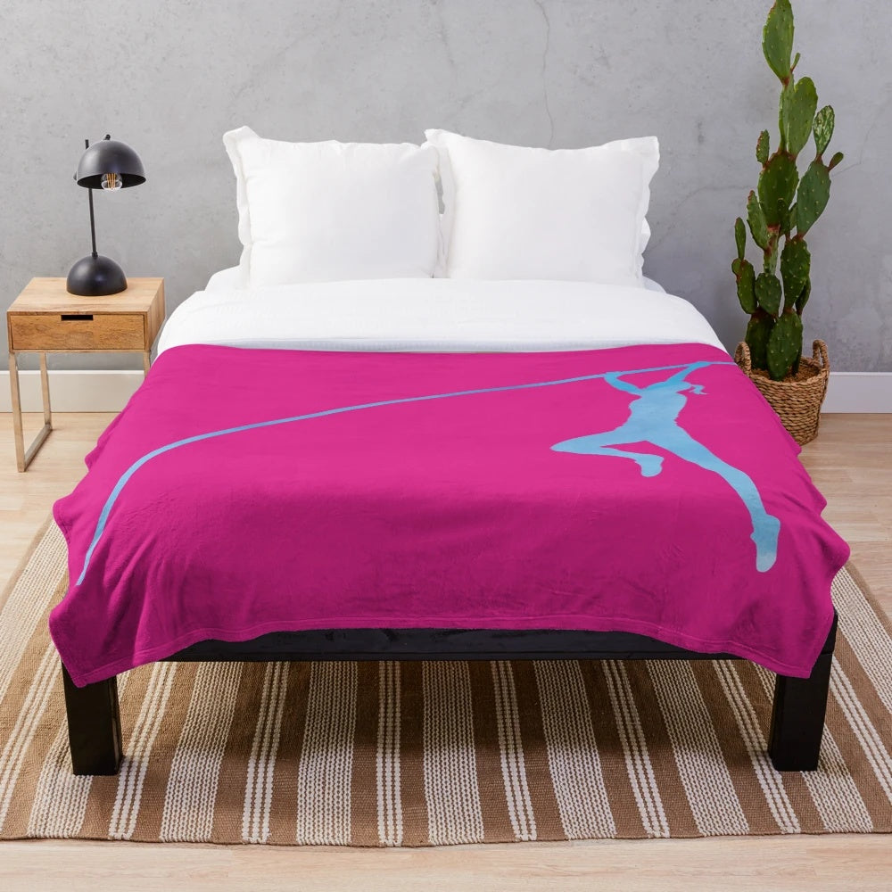 Plush blue and pink blanket with artistic pole vaulter design