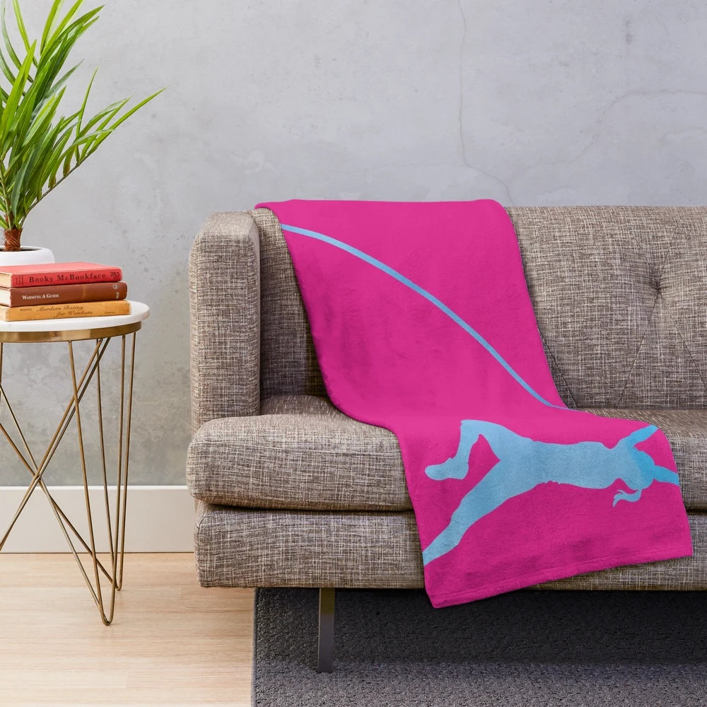 Plush blue and pink blanket with artistic pole vaulter design