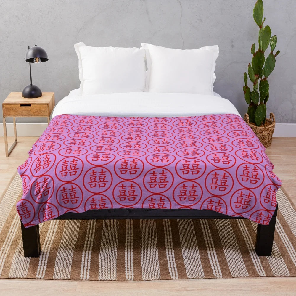 Chinese wedding symbol 囍 plush blanket for cultural and vintage home decor