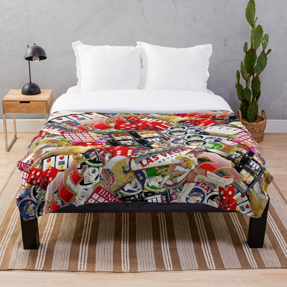 Plush blanket with Las Vegas icons and gambling motifs