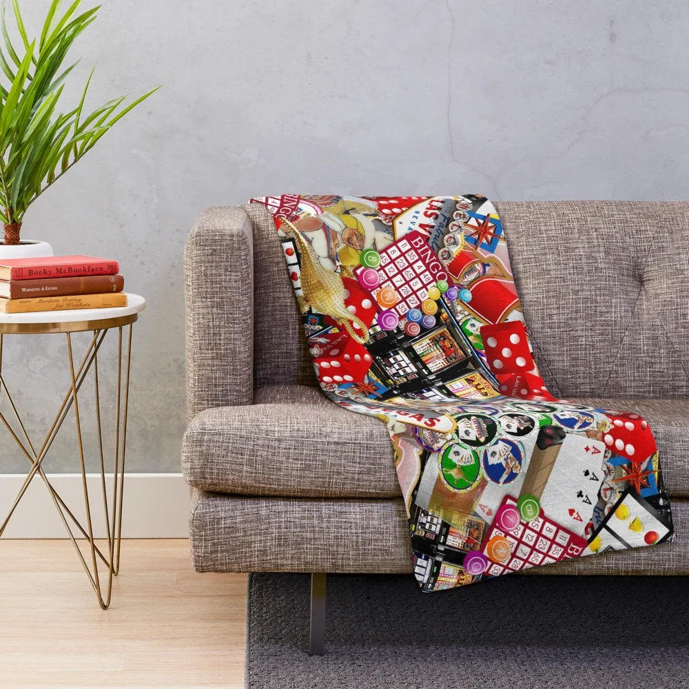 Plush blanket with Las Vegas icons and gambling motifs