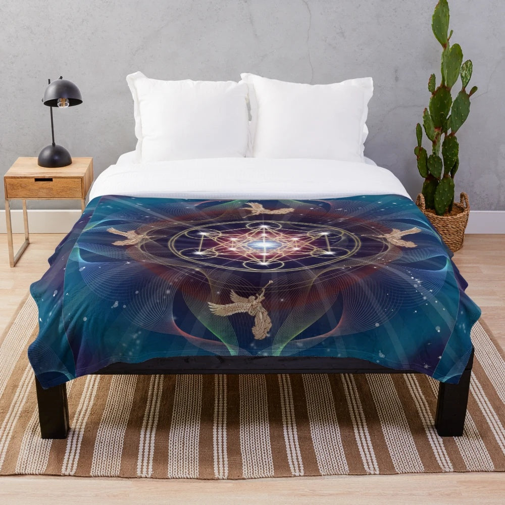Plush blanket with Metatron's Cube and Merkaba sacred geometry design