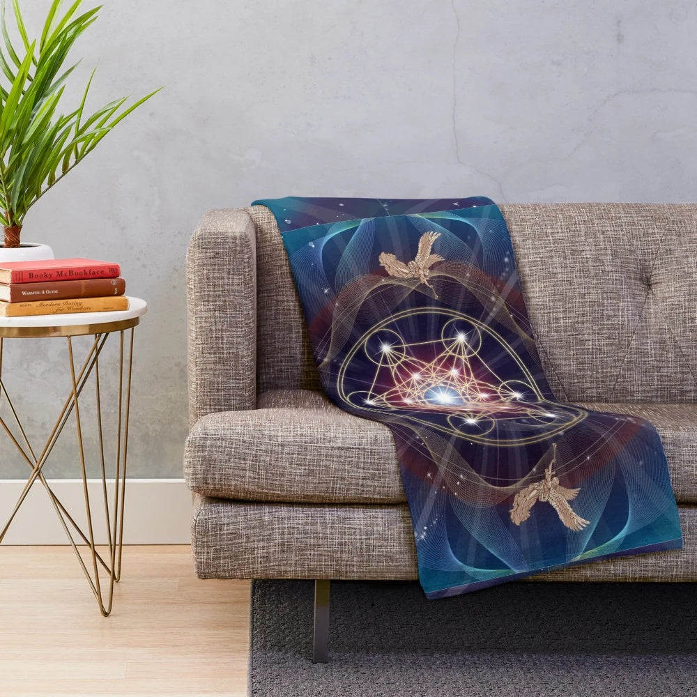 Plush blanket with Metatron's Cube and Merkaba sacred geometry design