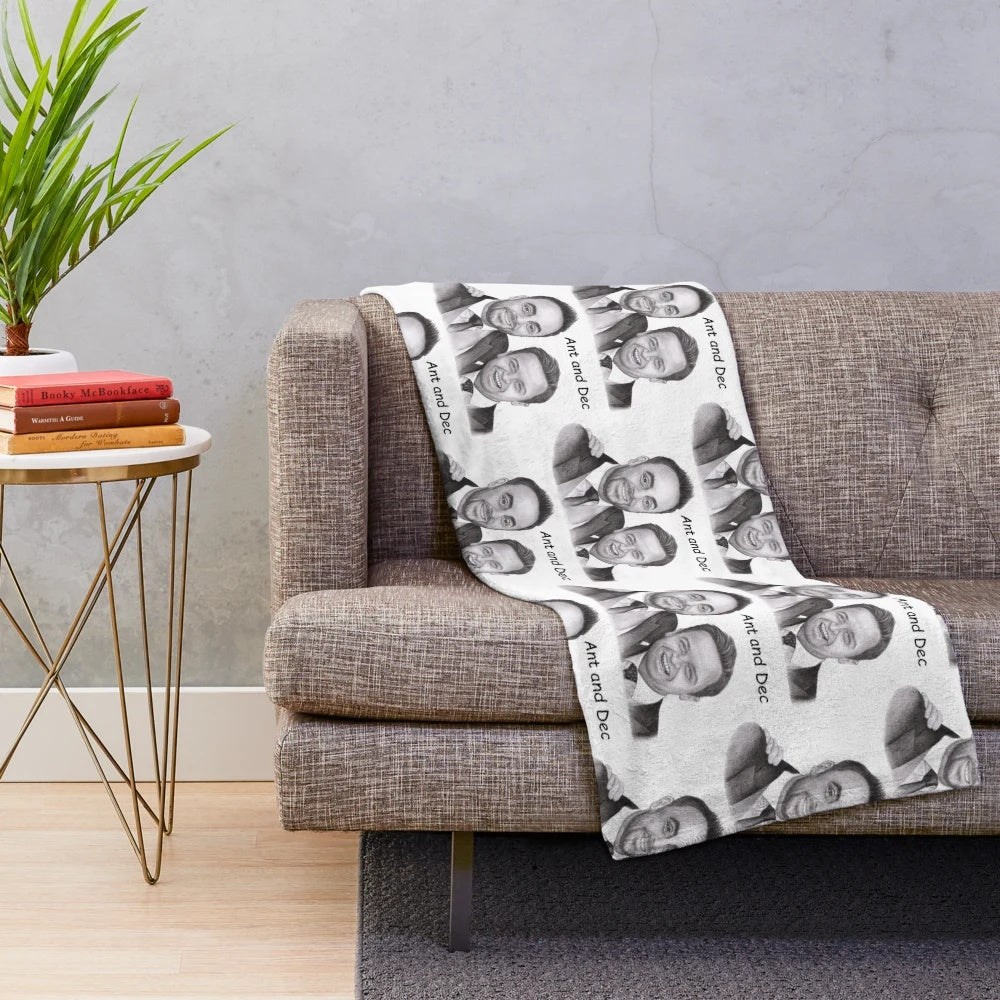 Plush blanket featuring a portrait of the Ant and Dec comedy duo in black and white pencil art