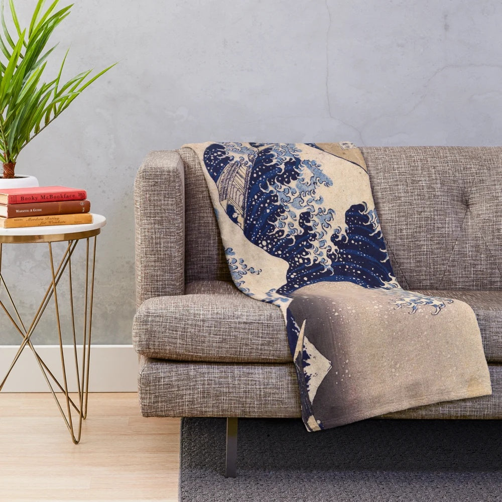 Plush blanket with the famous "The Great Wave off Kanagawa" painting by Japanese artist Katsushika Hokusai