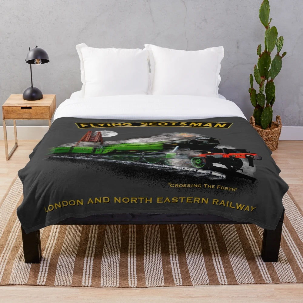 Plush blanket with illustration of the legendary steam train, The Flying Scotsman, crossing the Forth Bridge in Scotland