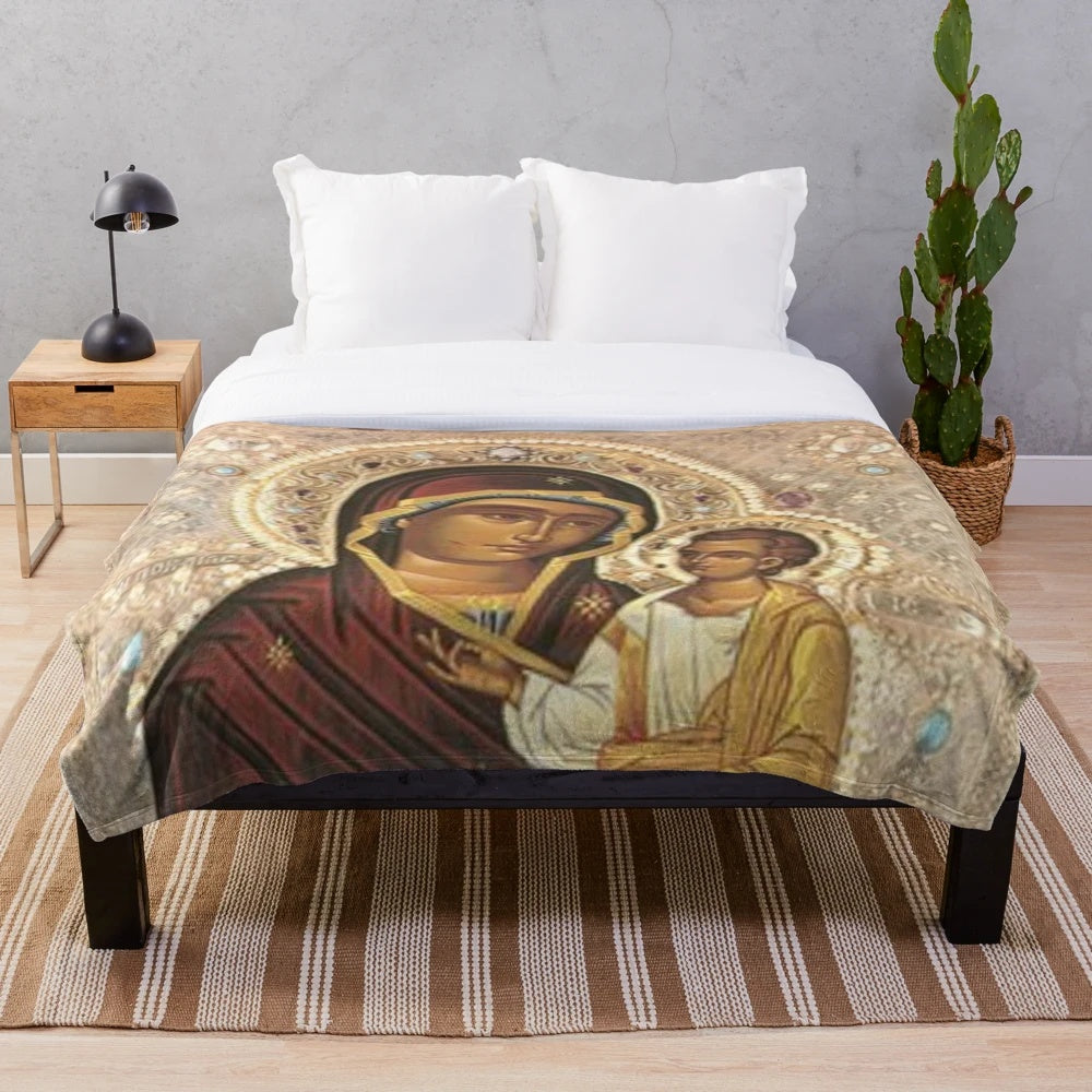 Virgin Mary and Baby Jesus Plush Blanket with the Iveron Theotokos Iconography
