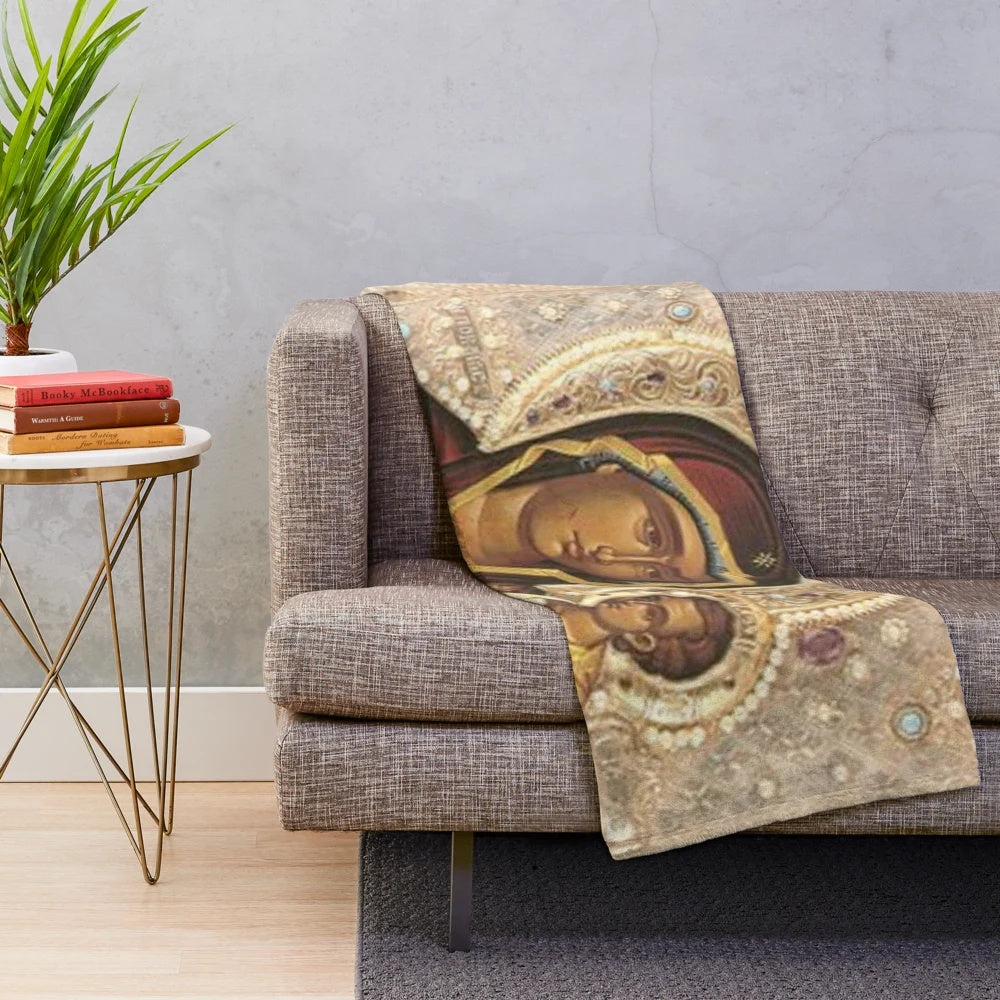 Virgin Mary and Baby Jesus Plush Blanket with the Iveron Theotokos Iconography
