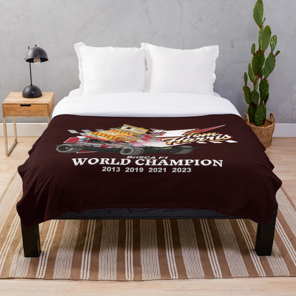 Plush blanket with Tom Harris' Brisca stockcar design