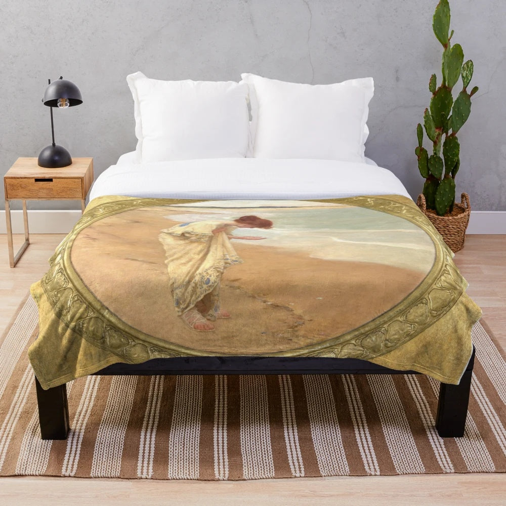 Plush blanket with vintage painting of woman and sea pearls by artist William Margetson