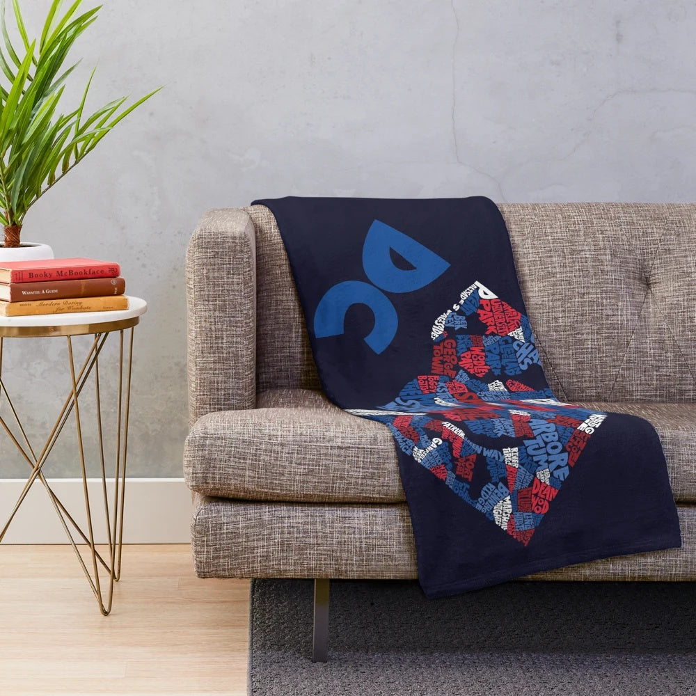 Plush blanket with detailed map of Washington DC neighborhoods