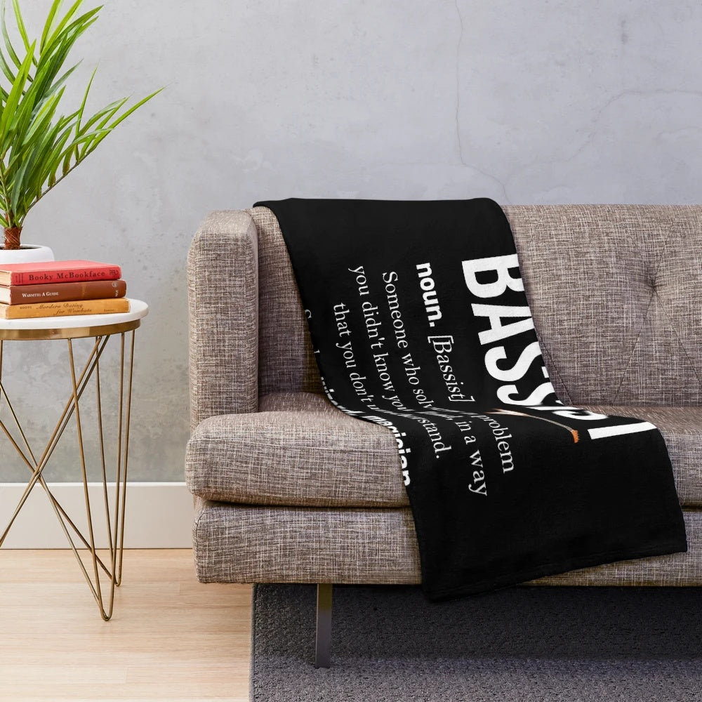 Plush blanket with bass player and guitarist design