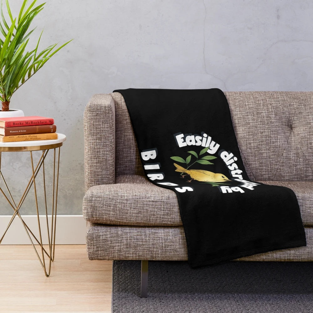 Plush blanket with "Easily Distracted by Birds" sarcastic design for bird enthusiasts