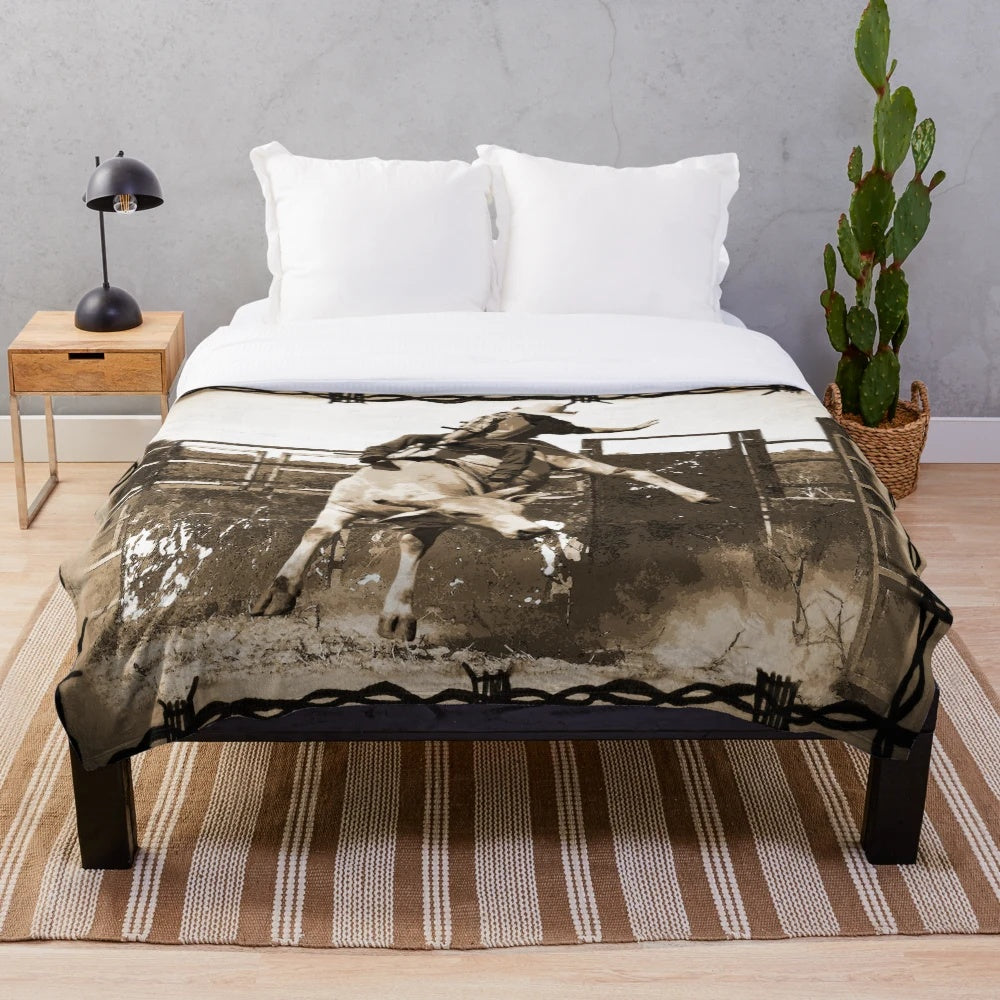 Plush blanket with bull rider, rodeo quotes, and rough stock riders design