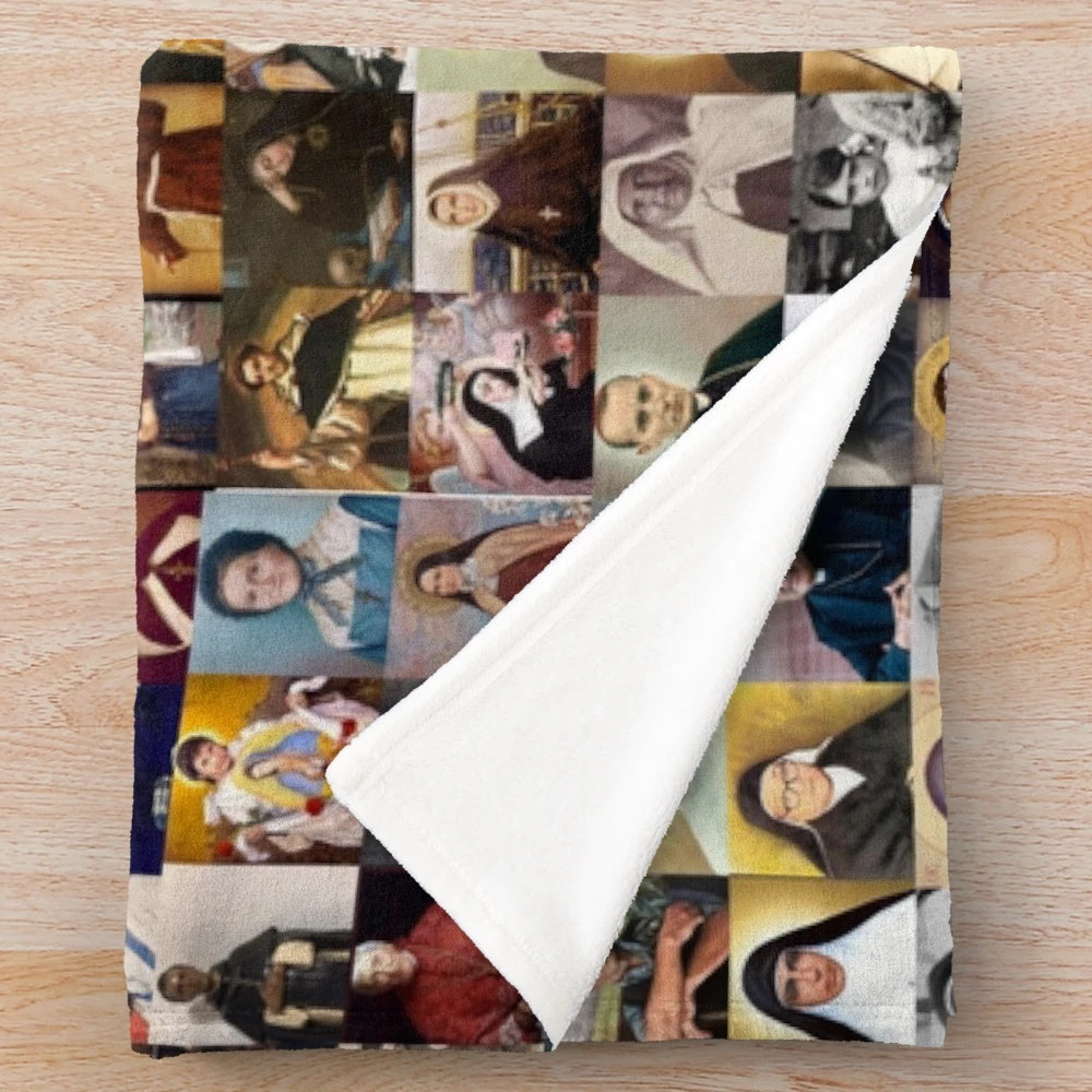Plush blanket featuring Catholic saints and religious imagery