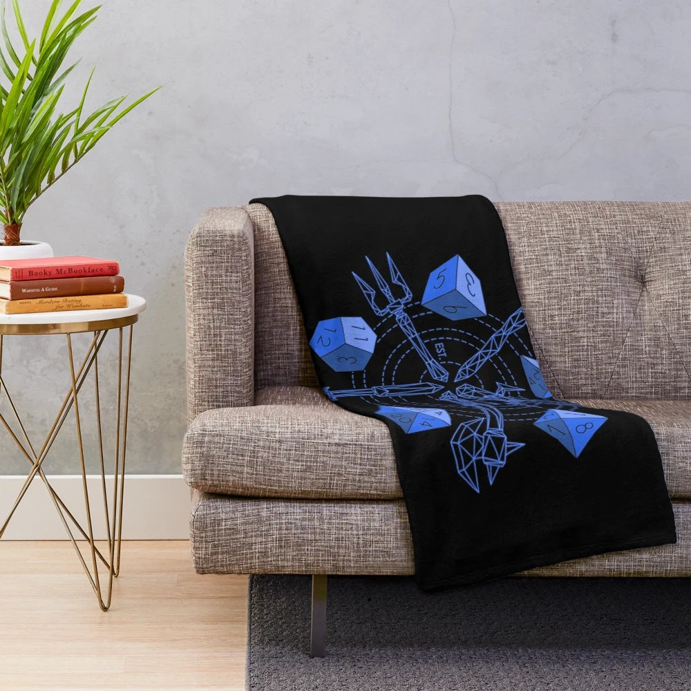 Plush blanket with fantasy and gaming design featuring dice, swords, and dragons