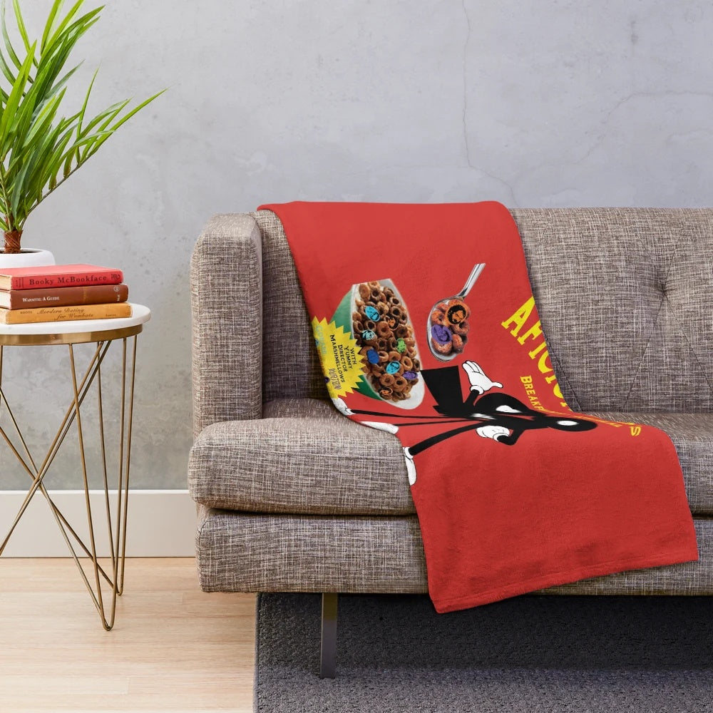 Plush blanket featuring a parody breakfast cereal for movie lovers