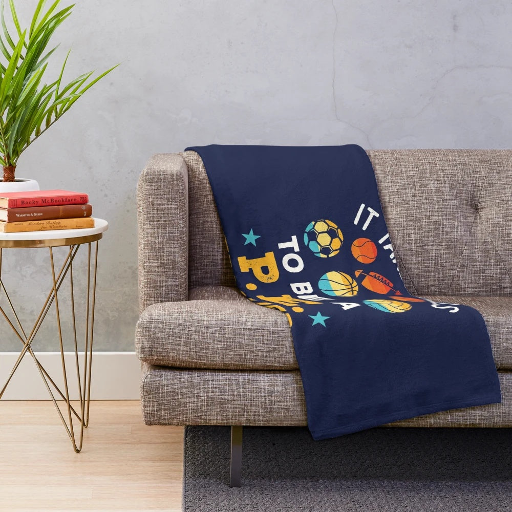 Plush blanket featuring a funny "It Takes Balls to Be a PE Teacher" design for physical education teachers and coaches