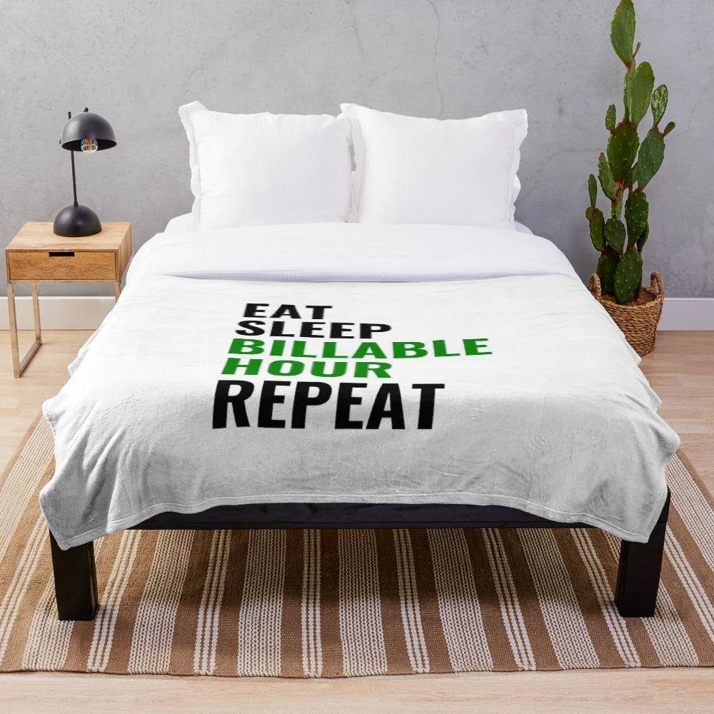 Plush blanket with "Eat Sleep Billable Hour Repeat" design, perfect for lawyers and paralegals