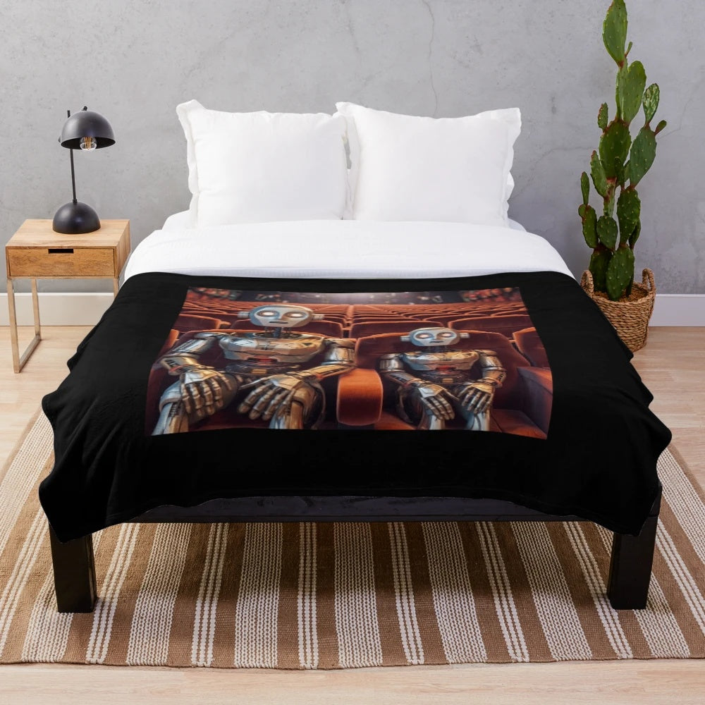 Robotic cinema-themed plush blanket for movie night entertainment