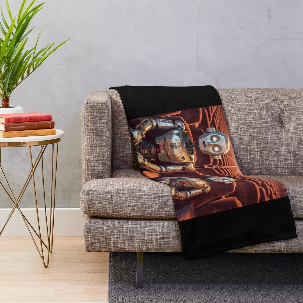 Robotic cinema-themed plush blanket for movie night entertainment