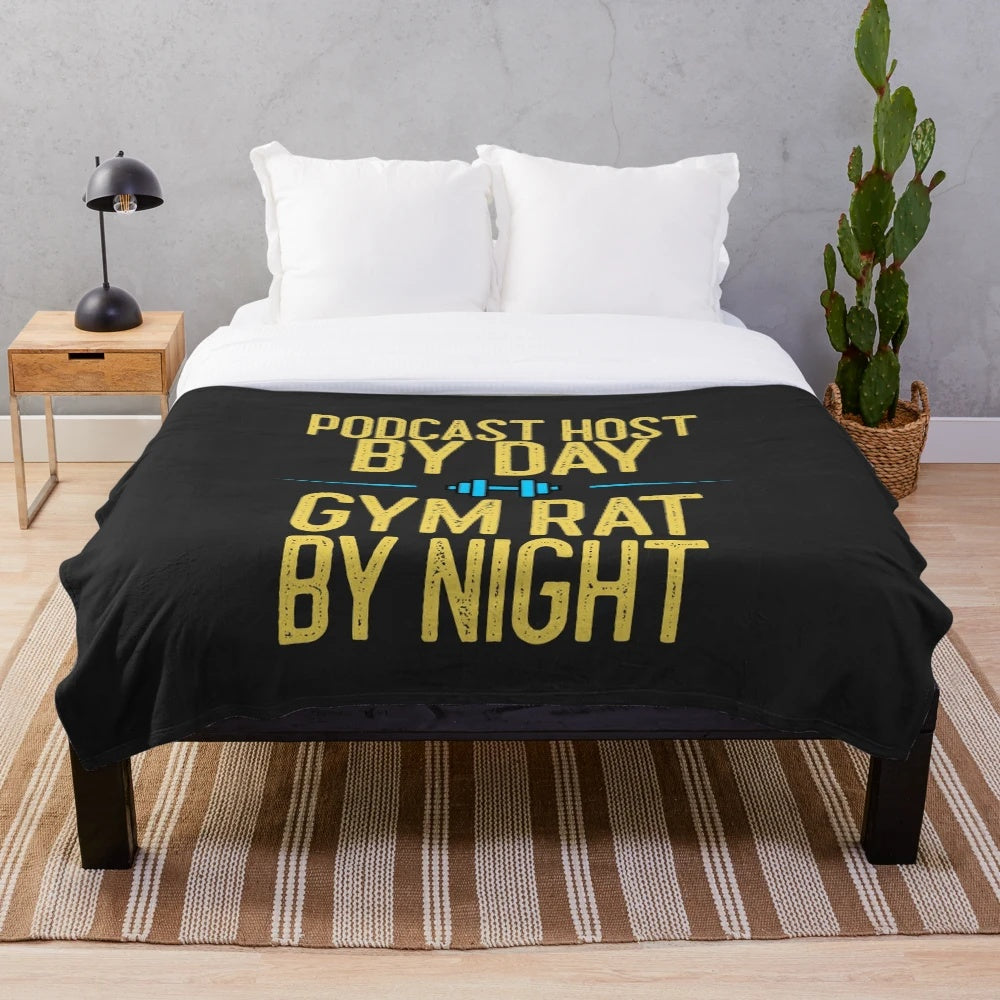 Plush blanket with podcast and crime-themed design