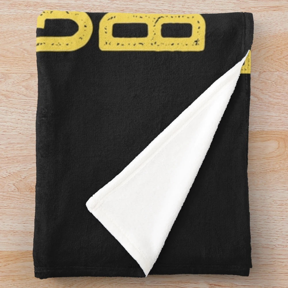 Plush blanket with podcast and crime-themed design