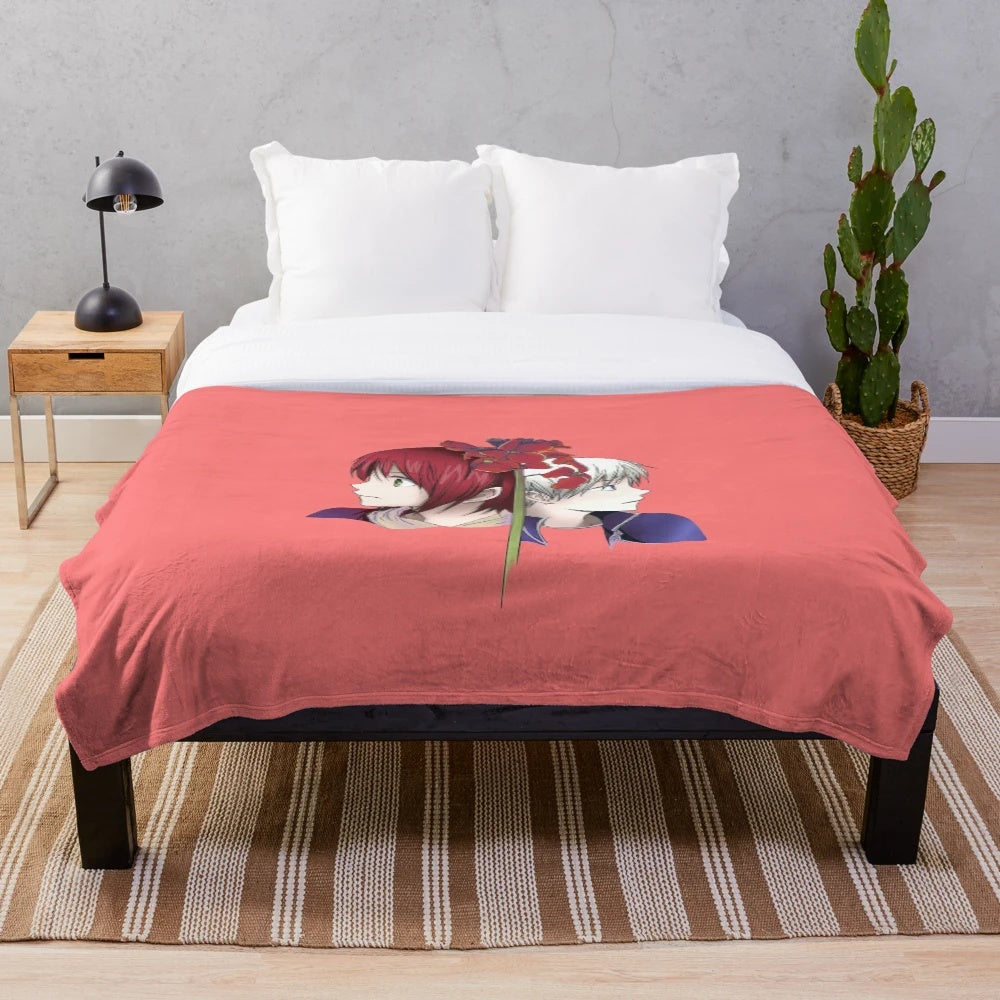 Akagami no Shirayukihime inspired plush blanket with red-haired princess and floral design