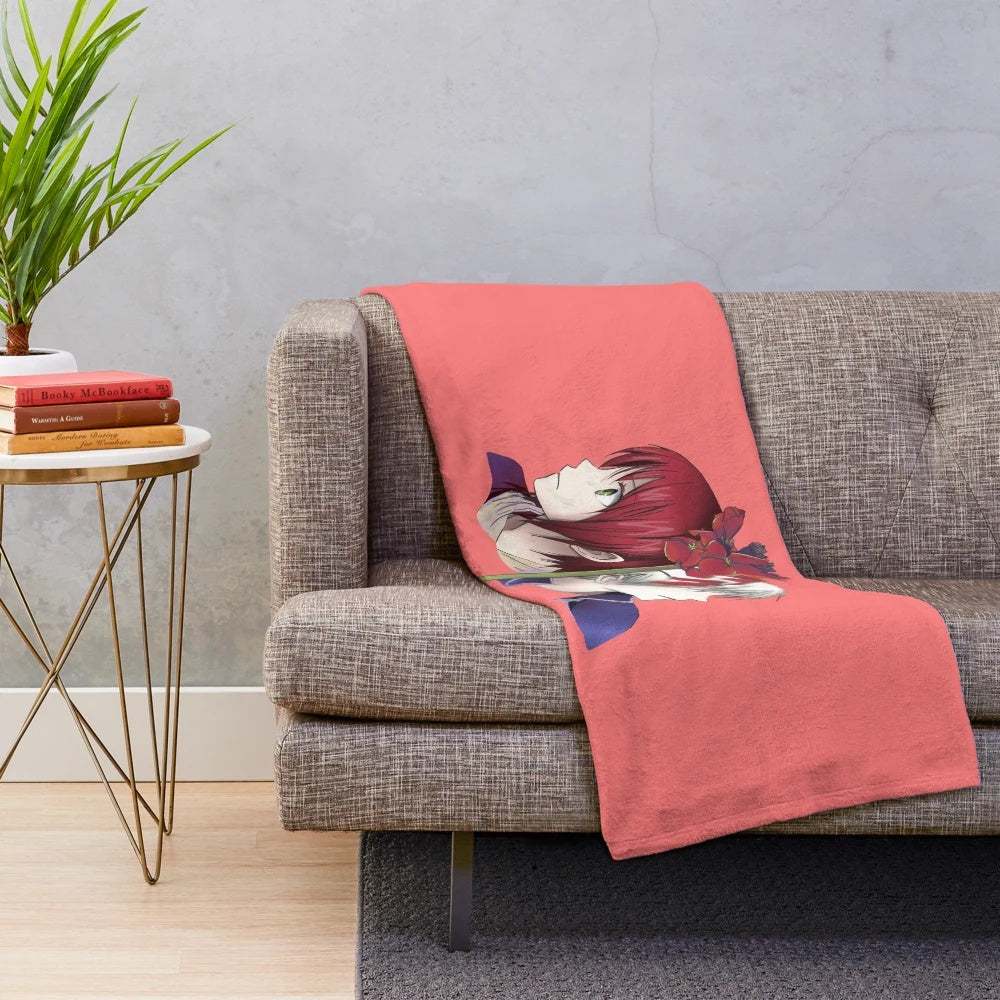 Akagami no Shirayukihime inspired plush blanket with red-haired princess and floral design