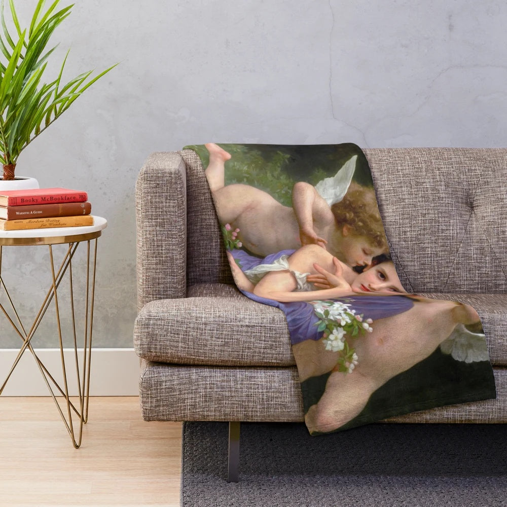 Plush blanket featuring cupid and psyche from Bouguereau's "Songs of Spring" painting